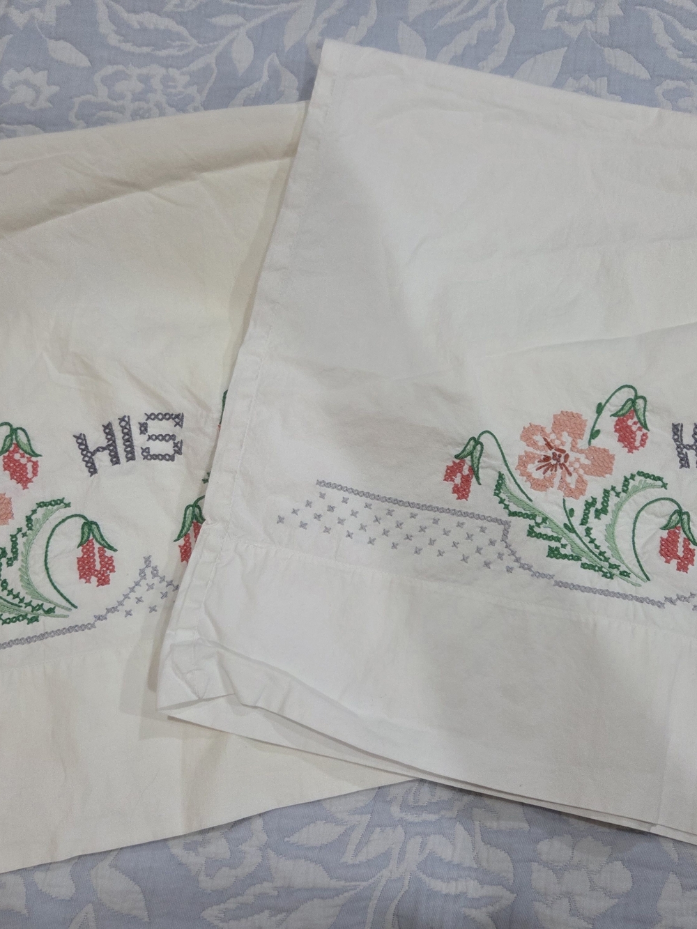 His/Hers Embroidered White Floral Pillowcases - Set of 2